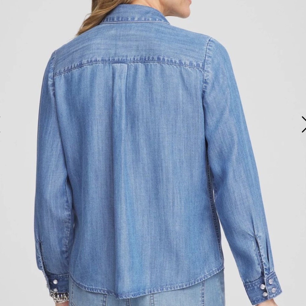 CHICO’S Embroidered Tencel Denim Button Down Shirt Star Sequins Size XL NEW - Picture 3 of 9